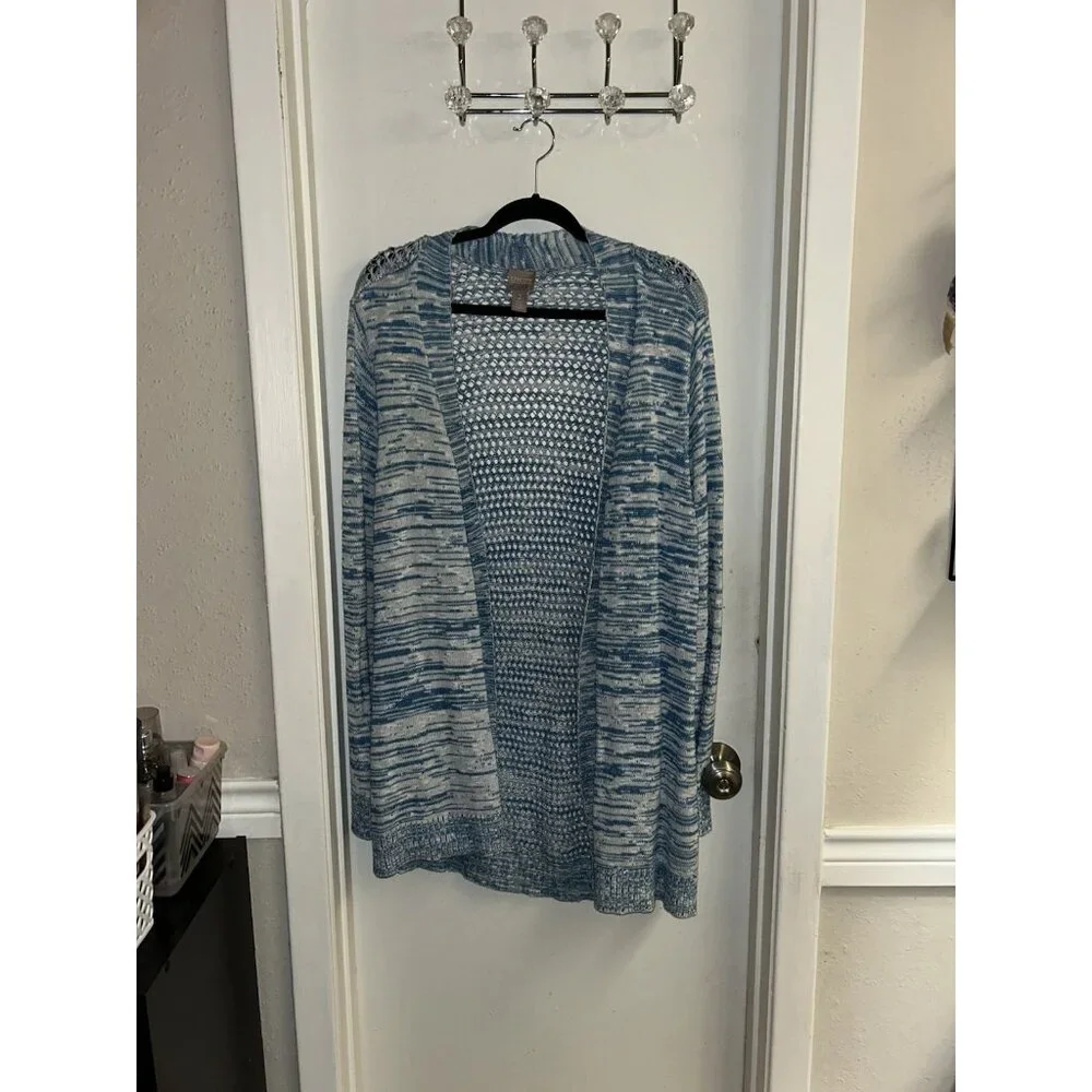 Chicos Blue White Abstract Print Open Knit Long Sleeve Casual Cardigan Size 2